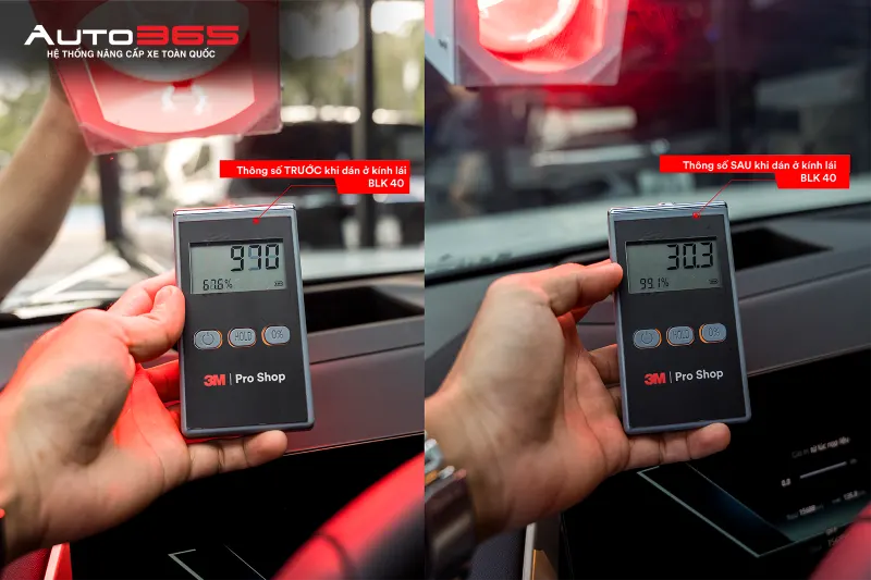 Đo kính lái trước và sau khi dán 3M CR BLK 40 bằng máy đo 3M Pro Shop tại Auto365
