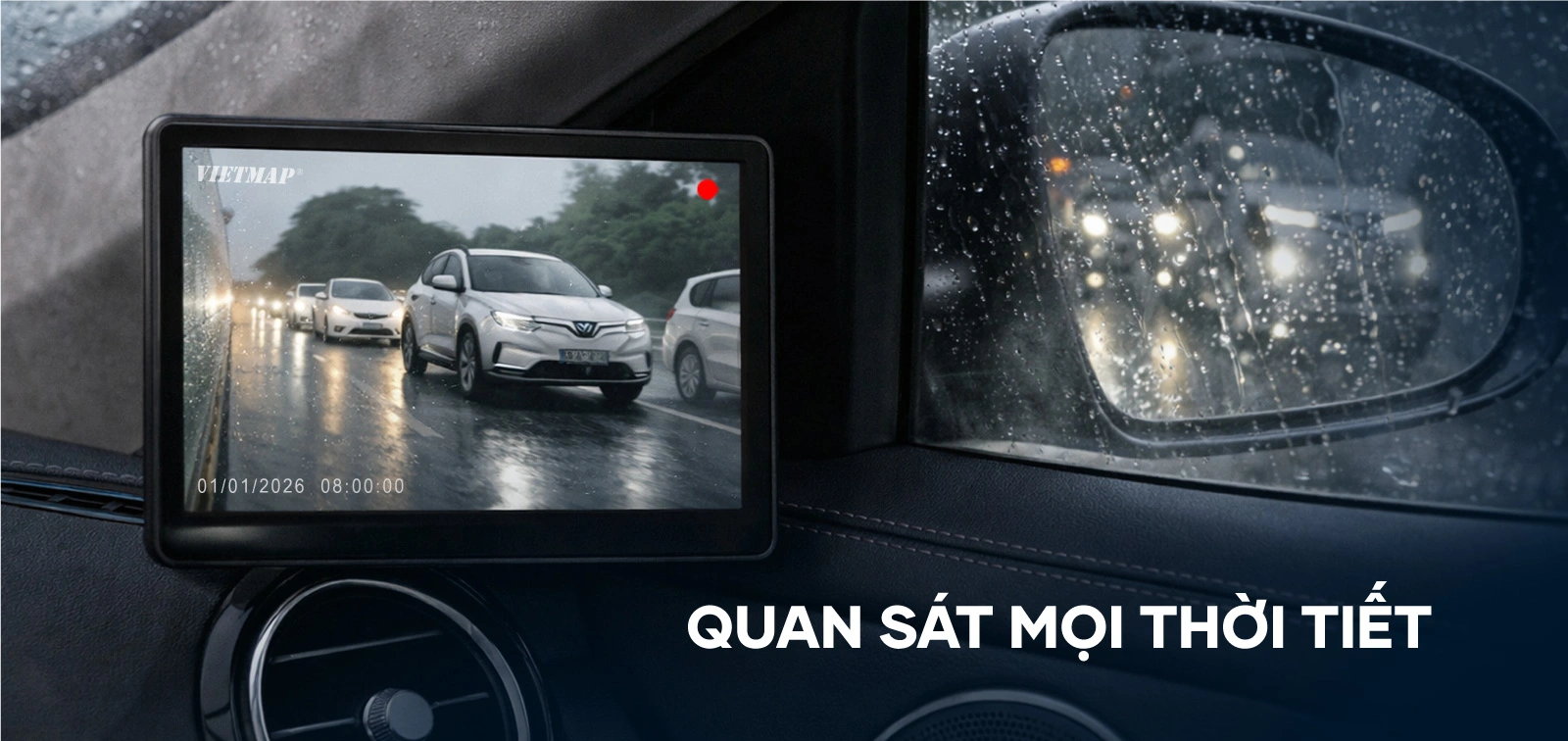 VIETMAP SC620 hỗ trợ quan sát hai bên xe khi trời mưa