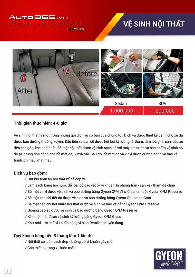 Bảng giá VỆ SINH NỘI THẤT chăm sóc xe hơi chuyên nghiệp tại Auto365 - Hình 1