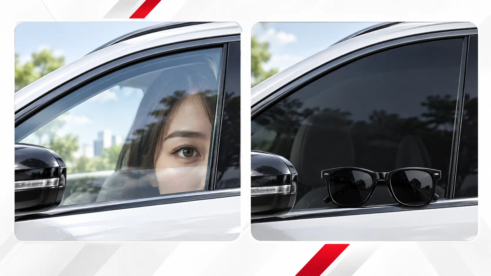 Ảnh minh họa sự khác biệt về mức độ sáng và riêng tư khi chọn phim cho kính bên ô tô.