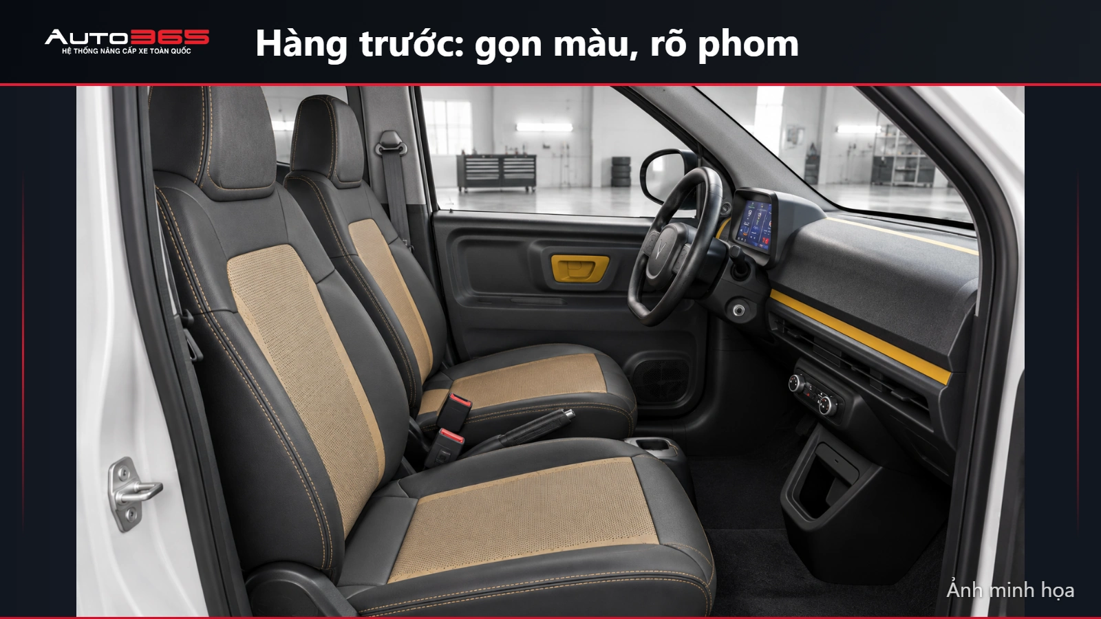Source-based mockup bọc hai ghế trước Minio Green phối màu than và nâu