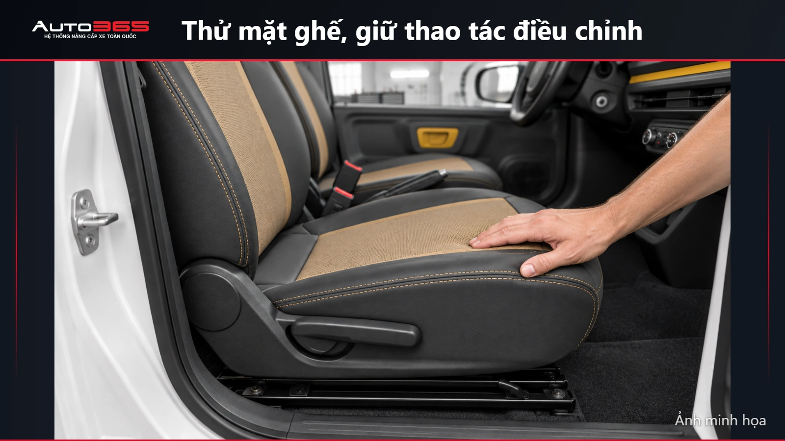 Ảnh minh họa kiểm tra lớp bọc ghế Minio Green, không che khóa dây và cơ cấu ghế