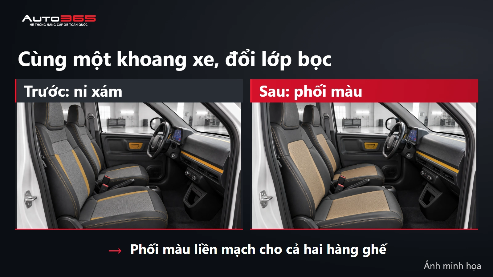 Mô phỏng trước và sau bọc ghế Minio Green cùng góc nhìn, từ nỉ xám sang phối than và nâu
