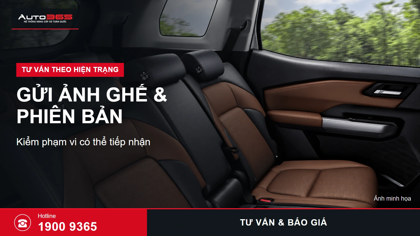 Đồ họa Auto365 về bọc ghế Mitsubishi Destinator: GỬI ẢNH GHẾ & PHIÊN BẢN; hình minh họa mô phỏng