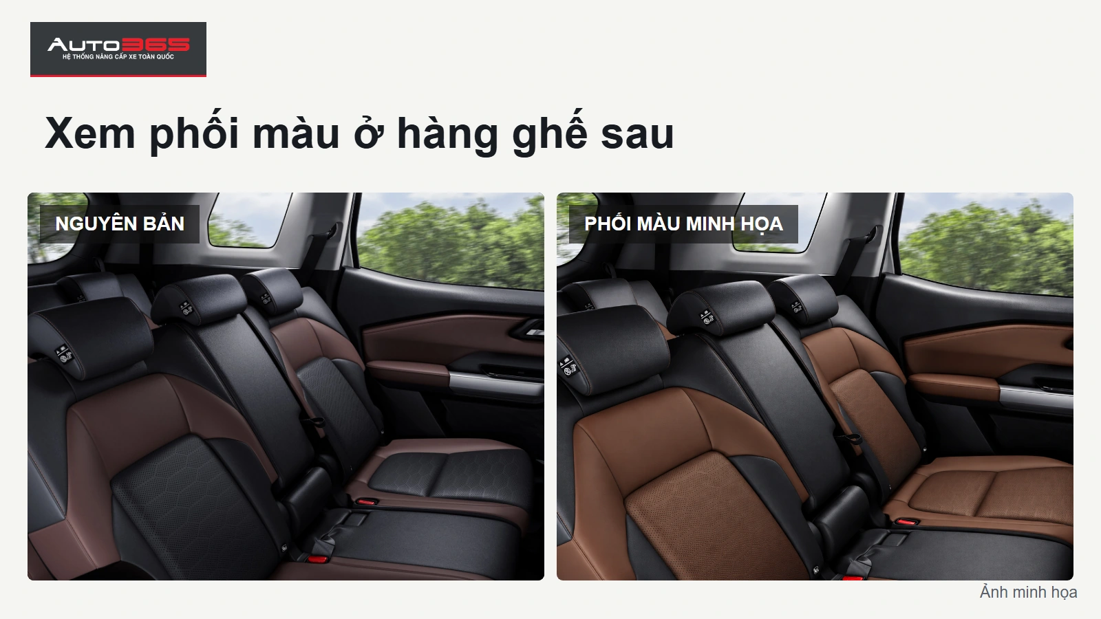 Đồ họa Auto365 về bọc ghế Mitsubishi Destinator: Xem phối màu ở hàng ghế sau; hình minh họa mô phỏng