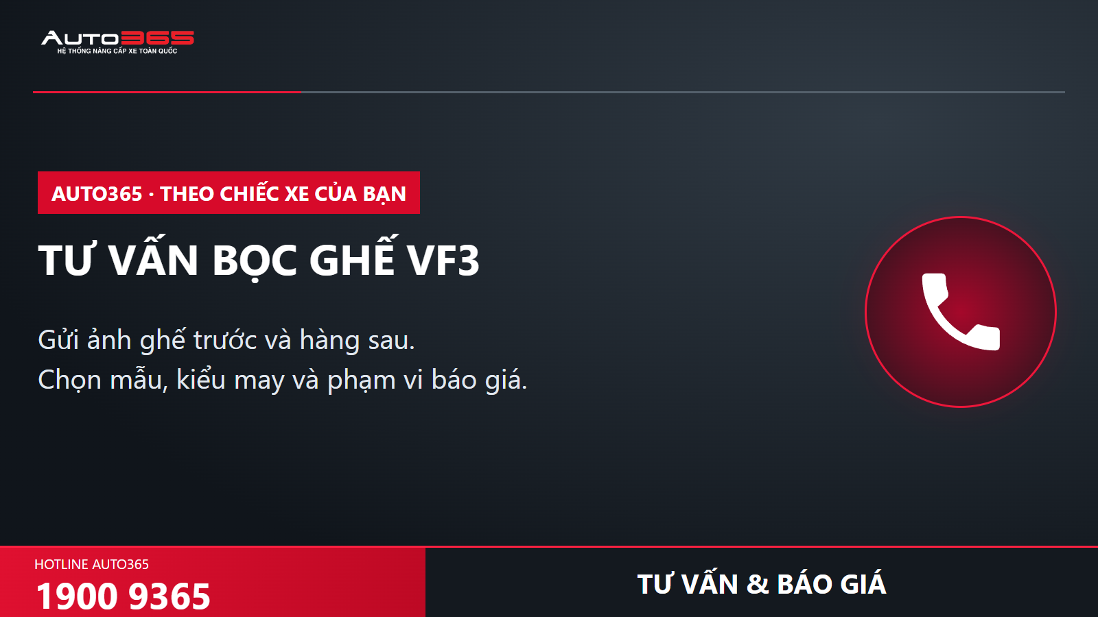 TƯ VẤN BỌC GHẾ VF3; tư vấn và báo giá Auto365 1900 9365