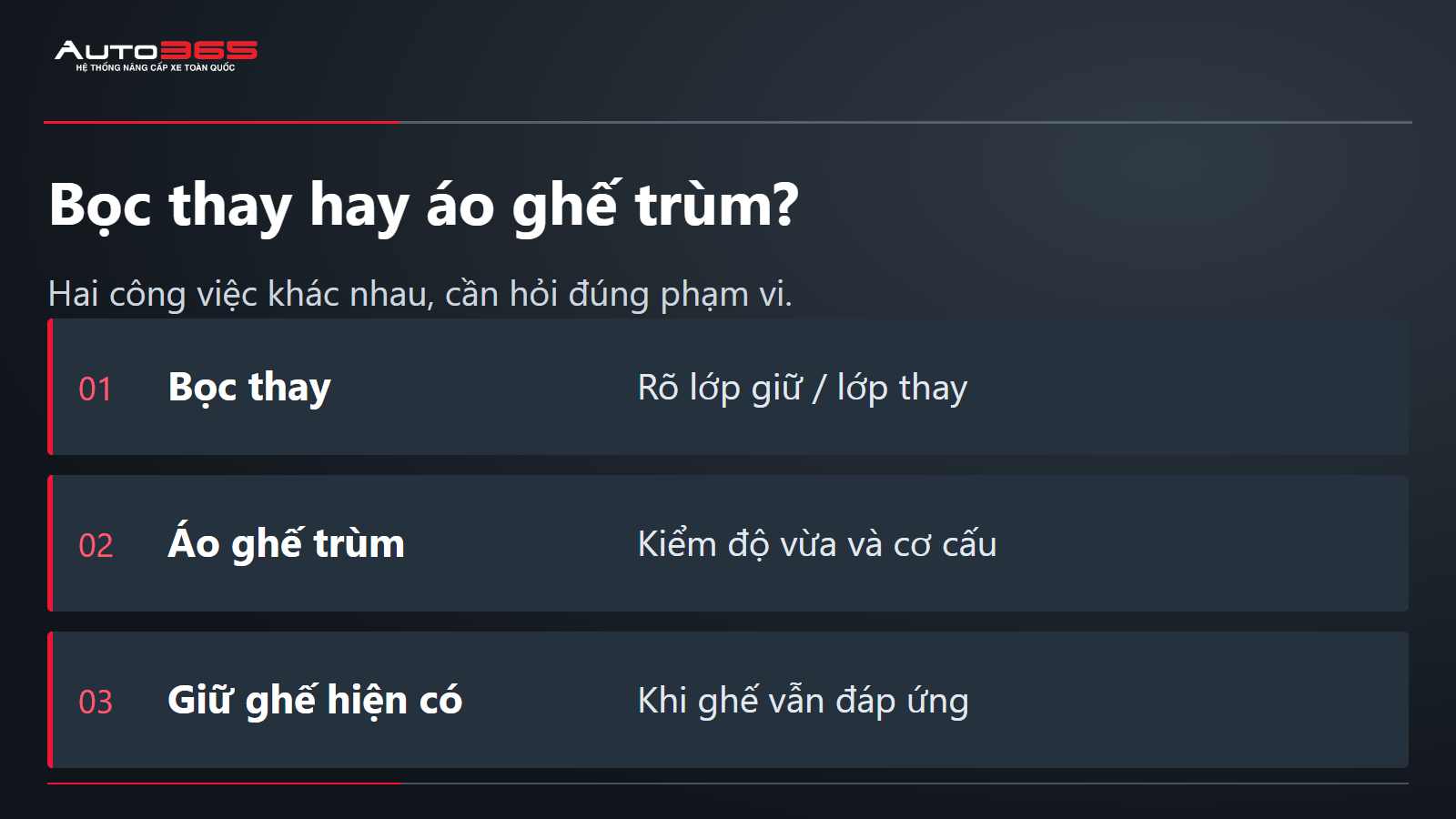 Bọc thay hay áo ghế trùm?; Hai công việc khác nhau, cần hỏi đúng phạm vi.