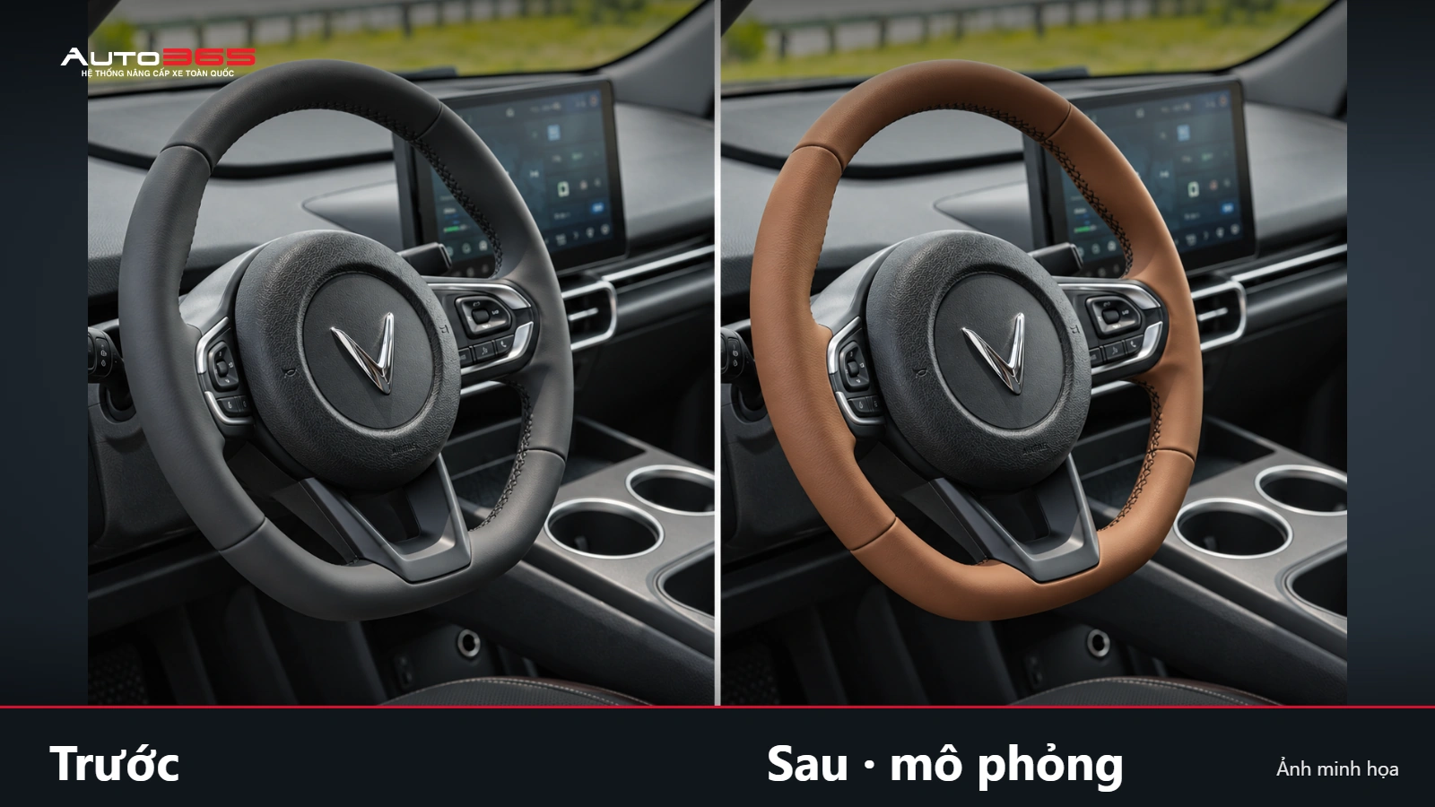 Source-based mockup trước và sau khâu lại vành vô lăng VF MPV 7 cùng góc; phần trung tâm và phím giữ nguyên.