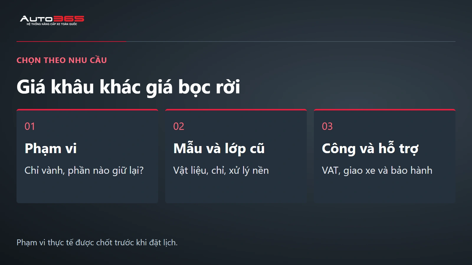Ba nhóm cần chốt trong báo giá khâu da vô lăng: phạm vi, vật liệu và công cùng hậu mãi.