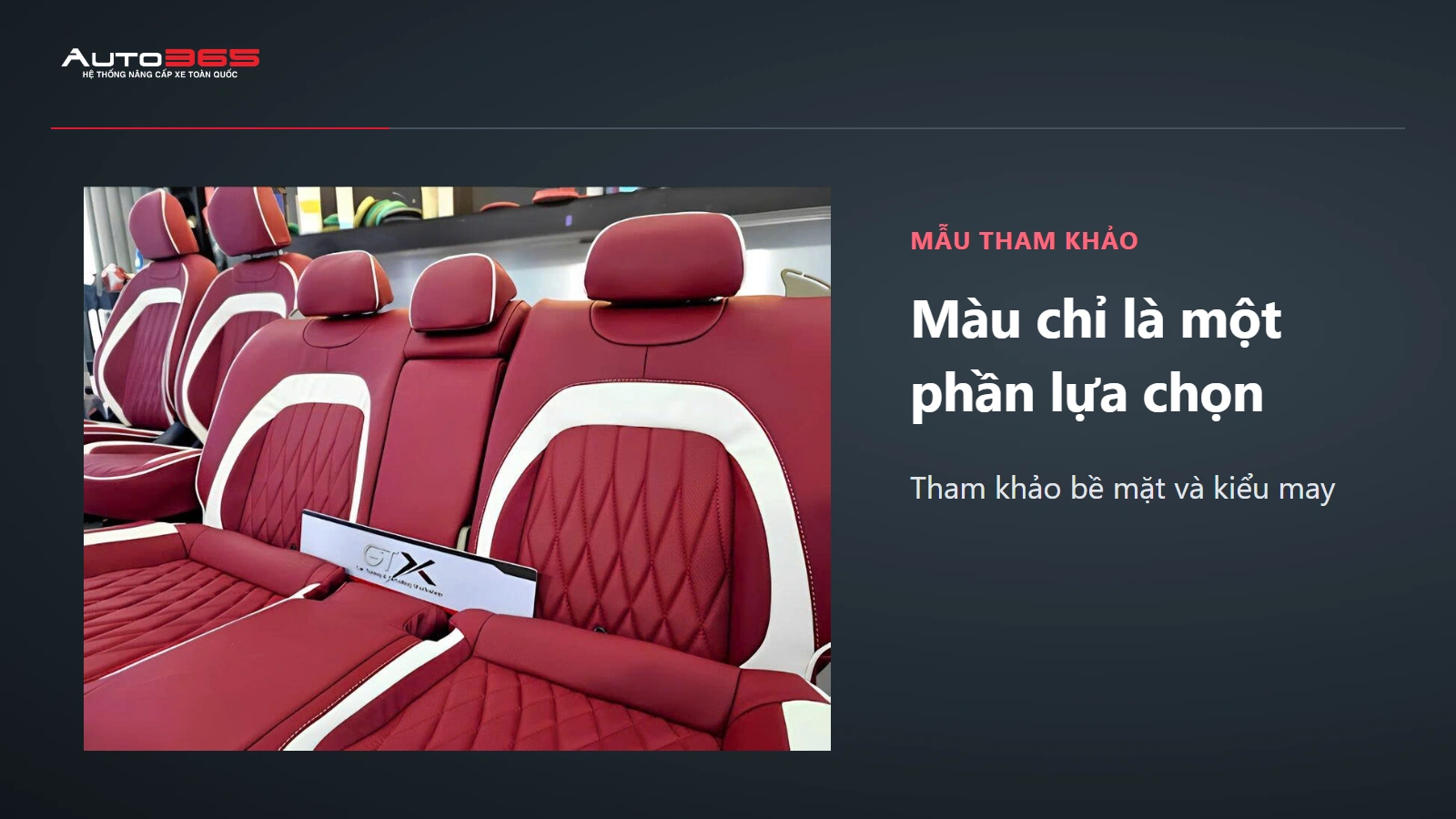 Ảnh tham khảo lớp bọc và kiểu đường may ghế đỏ trắng từ Auto365, dùng minh họa chọn mẫu vật liệu.