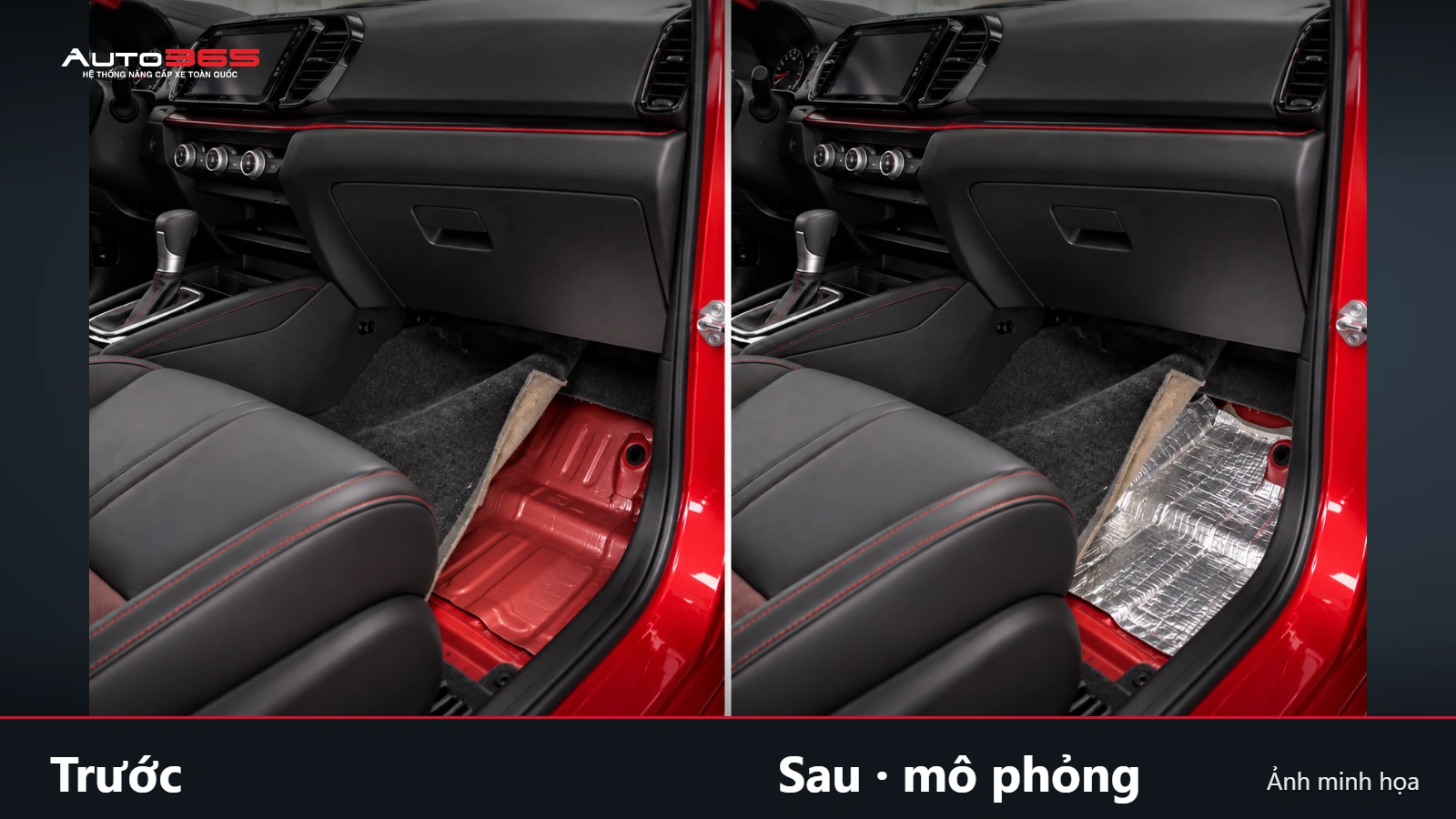 Source-based mockup trước và sau bổ sung vật liệu tại cùng vùng sàn Honda City, không thể hiện kết quả giảm ồn.