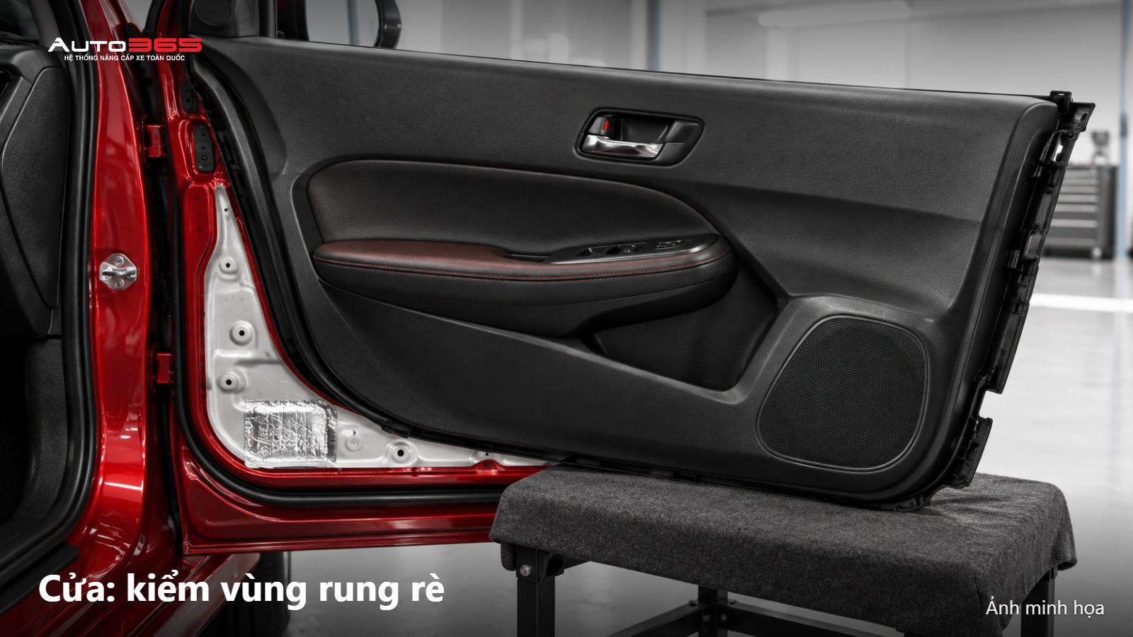 Source-based mockup vật liệu giảm rung ở vùng cửa Honda City, giữ cơ cấu cửa theo nguồn.