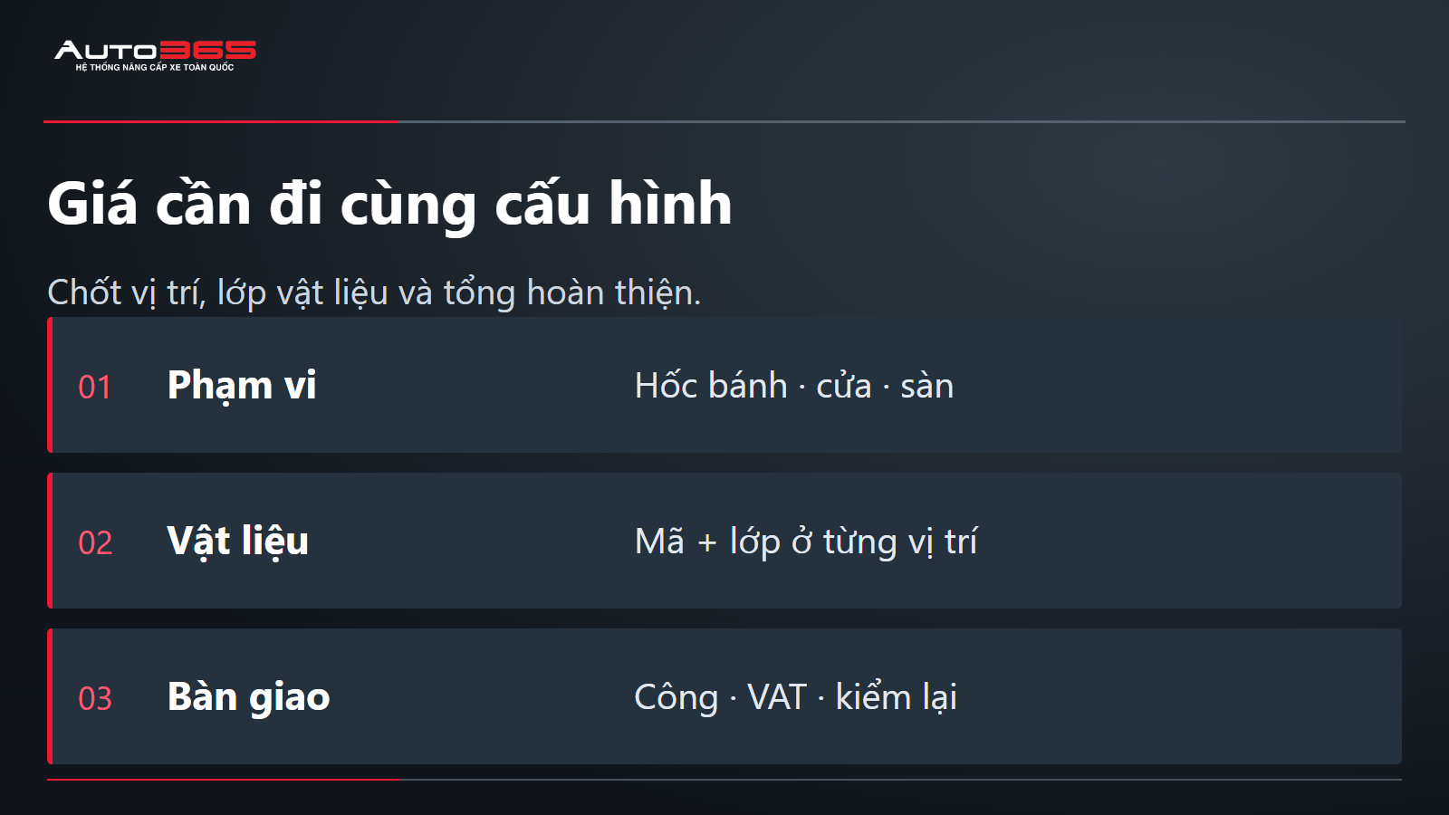 Giá cần đi cùng cấu hình; Chốt vị trí, lớp vật liệu và tổng hoàn thiện.