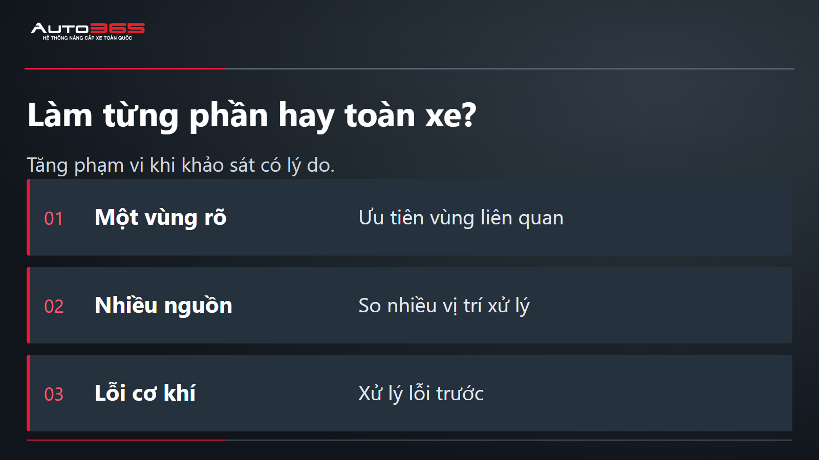 Làm từng phần hay toàn xe?; Tăng phạm vi khi khảo sát có lý do.