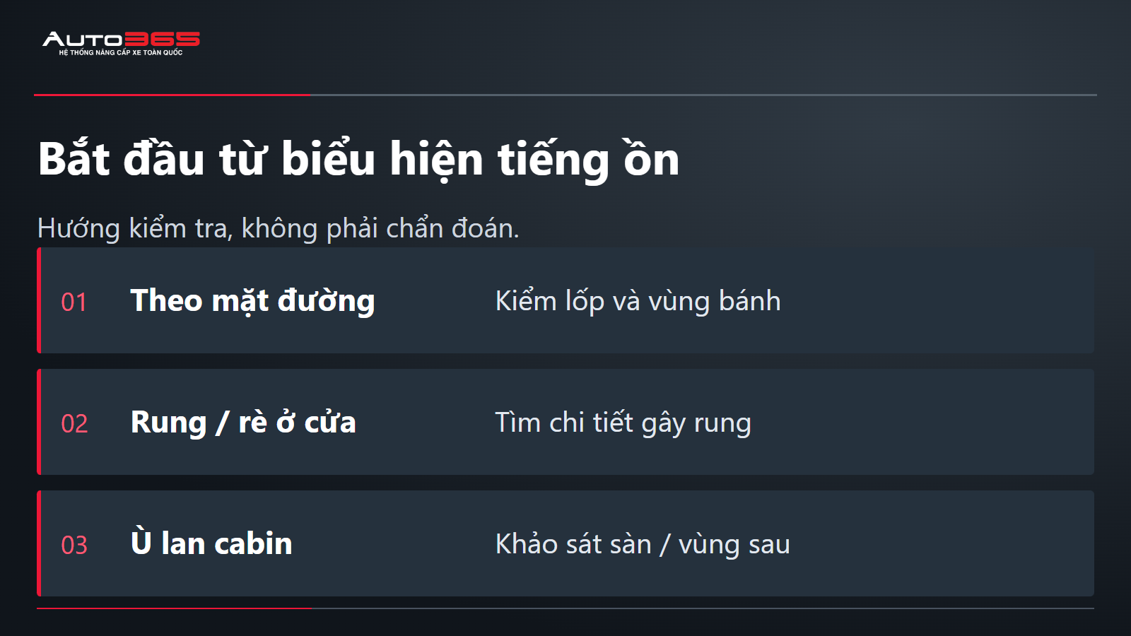 Bắt đầu từ biểu hiện tiếng ồn; Hướng kiểm tra, không phải chẩn đoán.