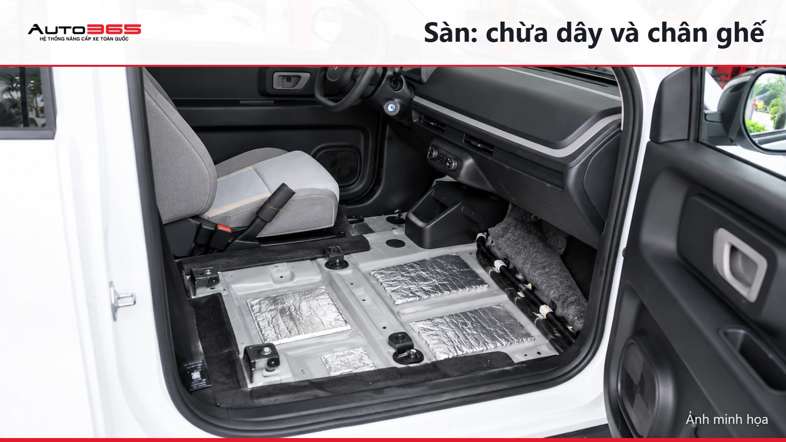 Source-based mockup minh họa vật liệu giảm rung ở sàn cabin Minio Green; không phải ảnh thi công thực tế.