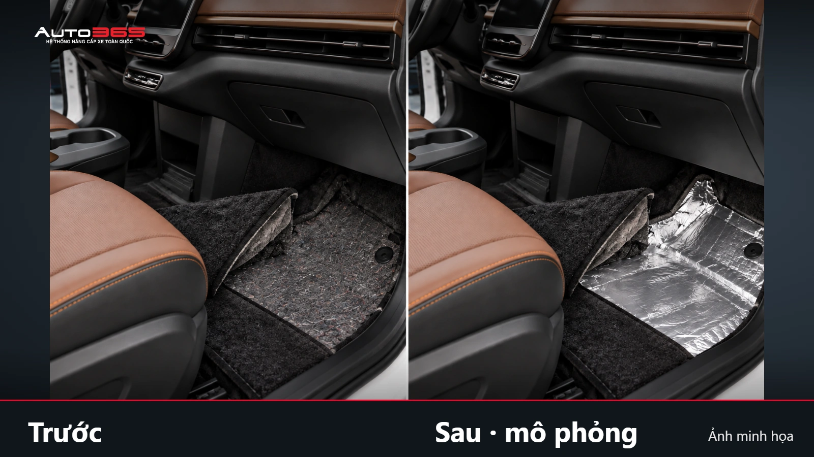 Source-based mockup trước và sau bổ sung vật liệu tại cùng vùng sàn VF6, không thể hiện kết quả giảm ồn.