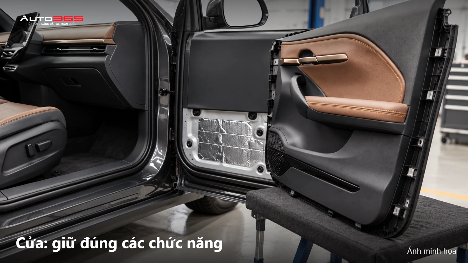 Source-based mockup vùng vật liệu cách âm tại cửa VF6, giữ bố cục cửa và cơ cấu theo nguồn.