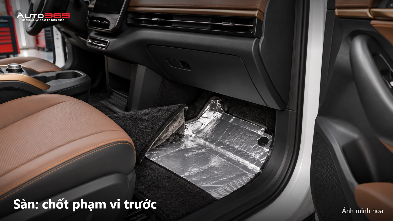 Source-based mockup lớp cách âm tại vùng sàn cabin VF6, giữ bố cục nội thất của xe.