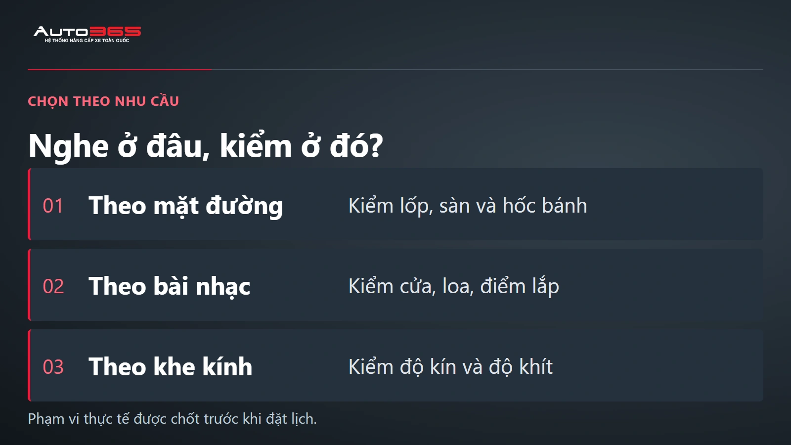 Sơ đồ gợi ý kiểm tiếng ù theo đường, rung tại cửa và tiếng gió trước khi chốt vị trí.