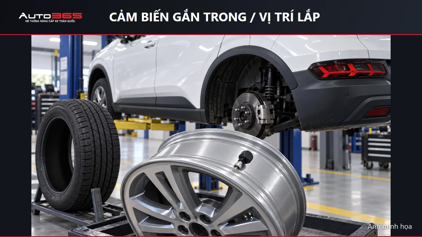 Ảnh minh họa cảm biến gắn trong lắp ở van trên lòng vành Herio Green khi lốp đã tháo rời