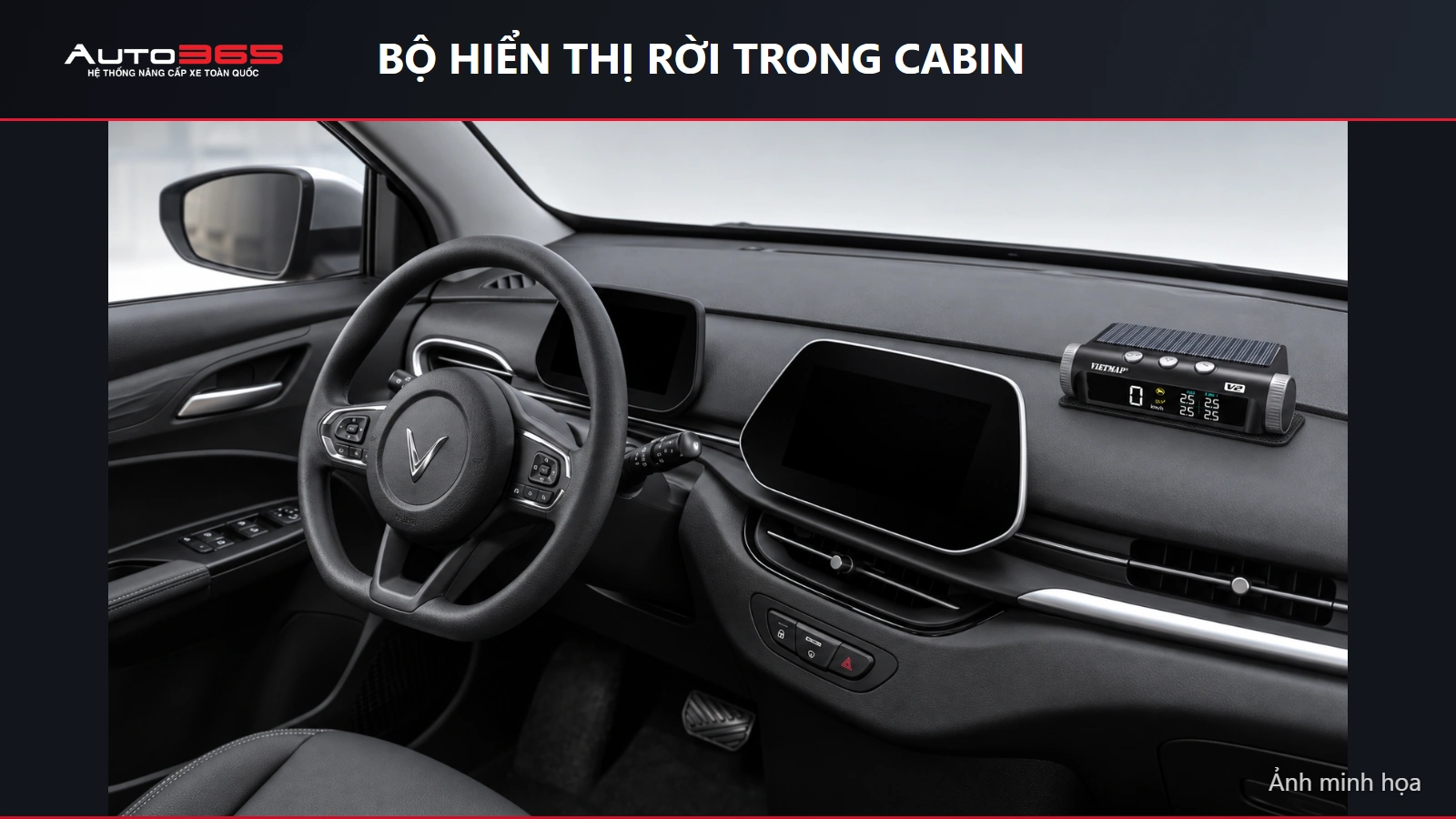 Ảnh minh họa bộ hiển thị áp suất lốp rời trên cabin Herio Green, dựa trên ảnh cabin và sản phẩm
