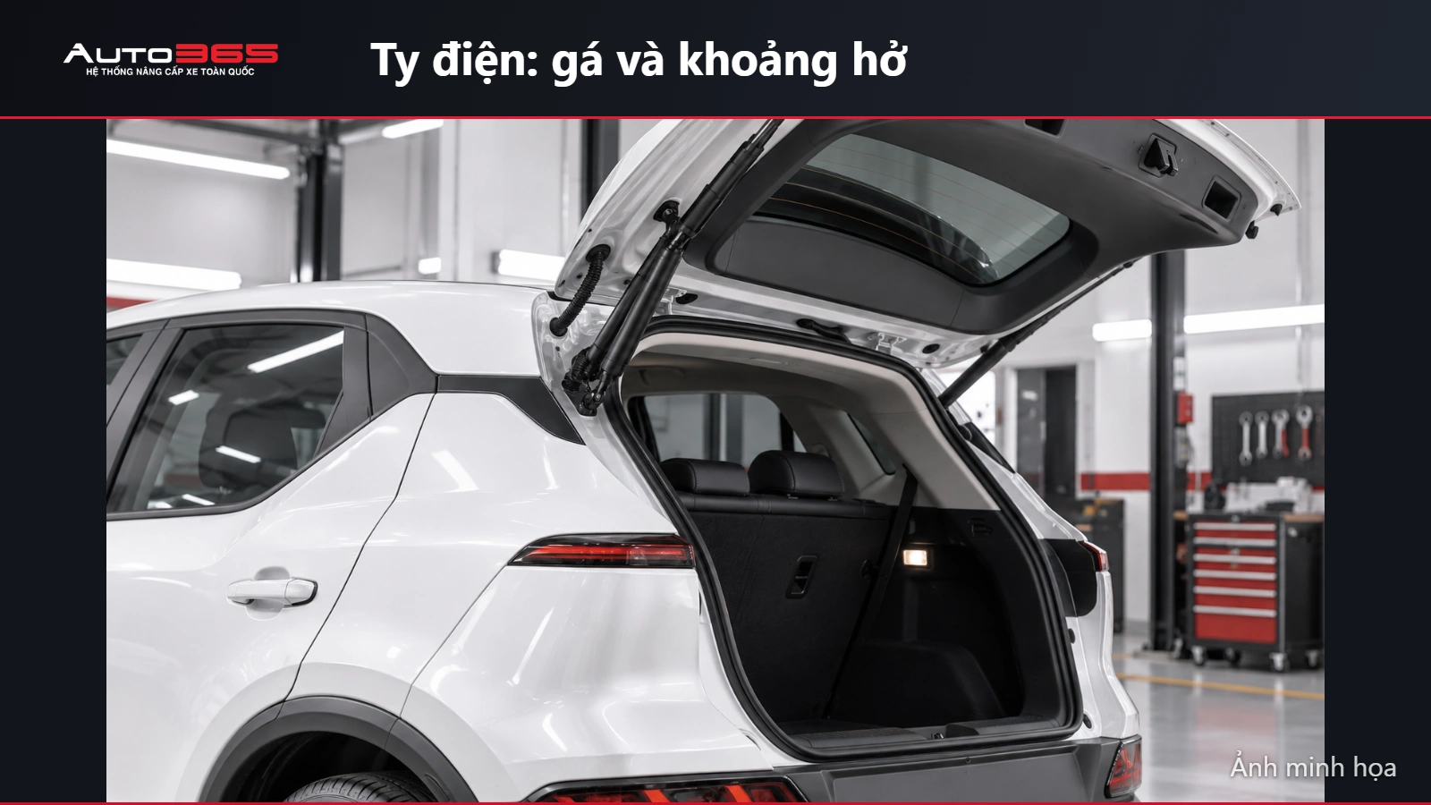 Ảnh minh họa mô phỏng ty nâng điện tại vùng gá bên trái cốp Herio Green