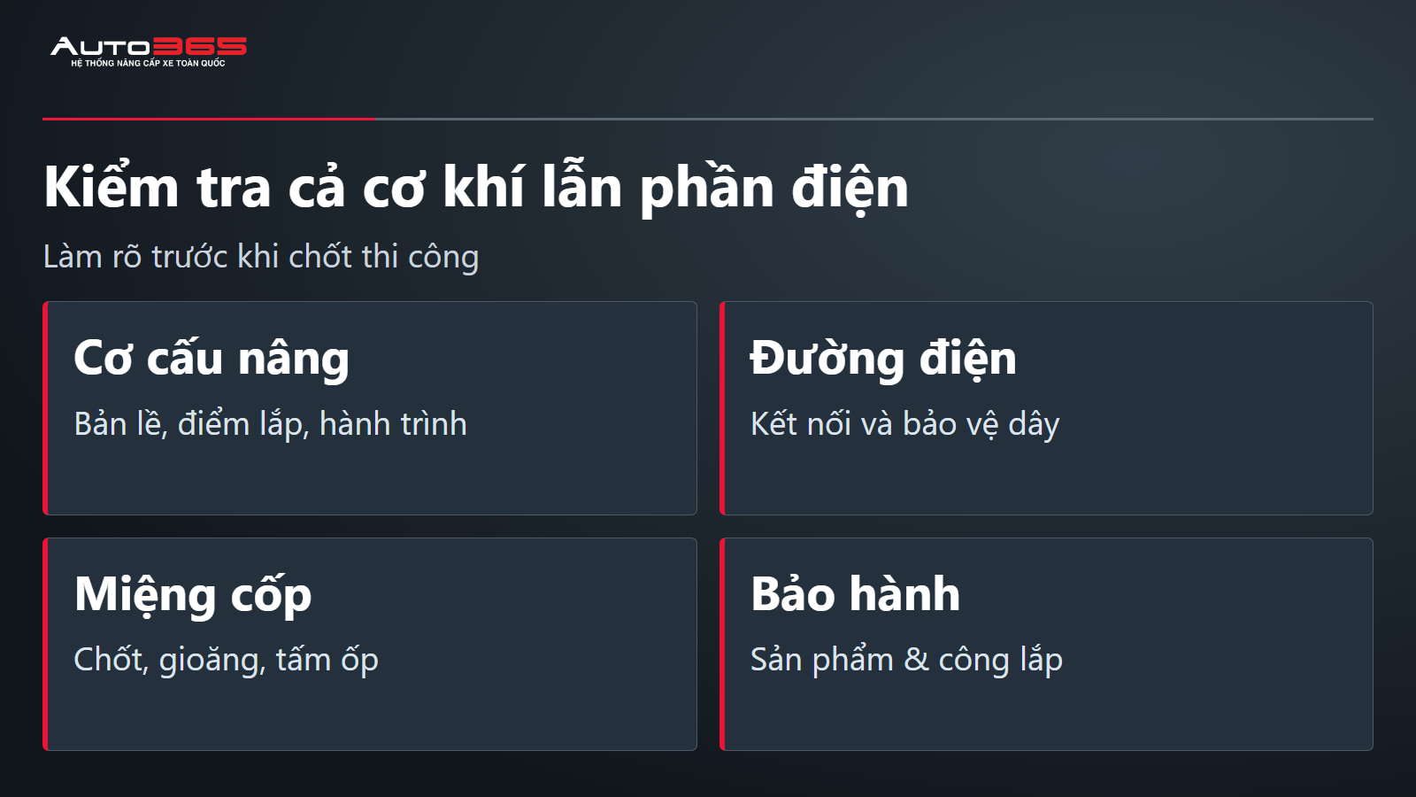 Bốn nhóm kiểm tra cốp điện: cơ khí, điện, miệng cốp và điều kiện bảo hành