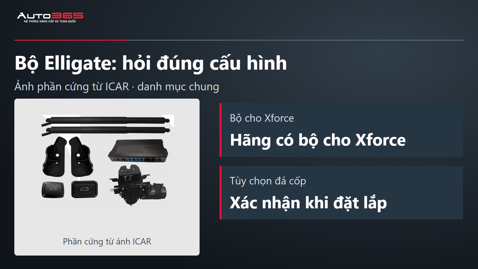 Phần cứng Elligate trích từ ảnh hãng gồm cơ cấu nâng, điều khiển, nút và chốt; ảnh bộ chung