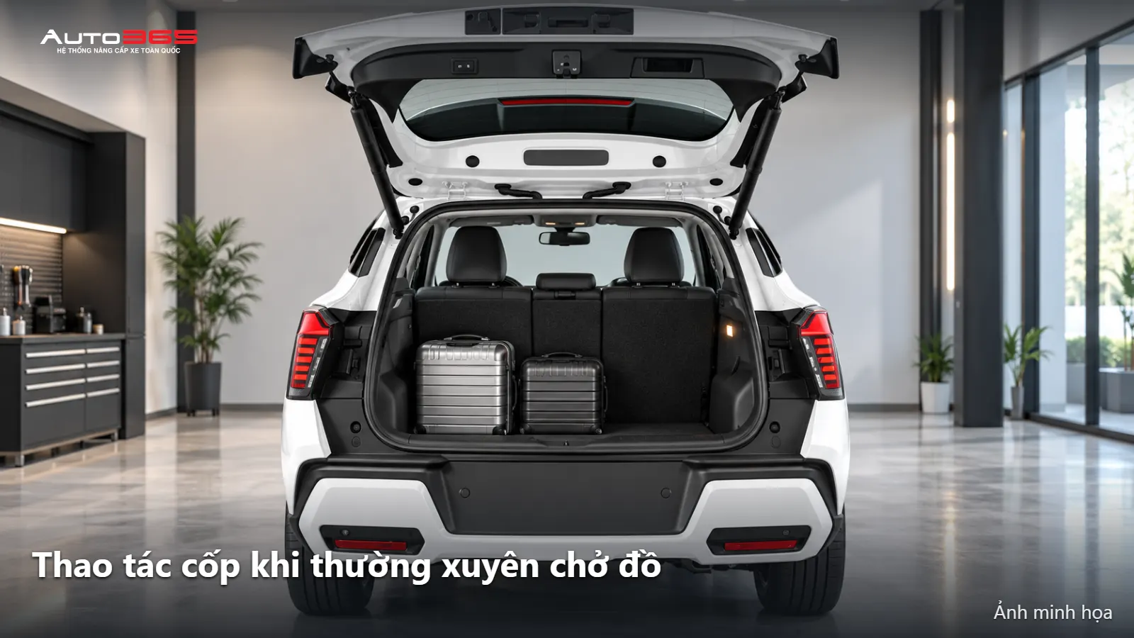 Source-based mockup Xforce mở cốp trong xưởng, minh họa tiếp cận khoang hành lý khi dùng cốp điện