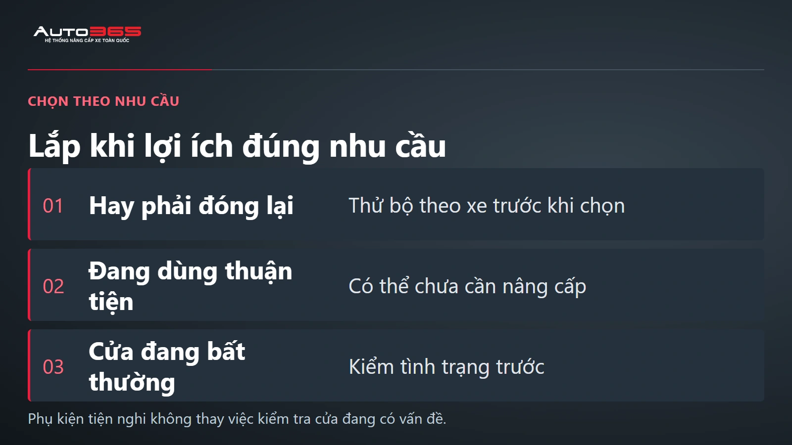 Ba tình huống cân nhắc cửa hít VF6: hay đóng lại, đang dùng thuận tiện hoặc cửa có biểu hiện cần kiểm tra.
