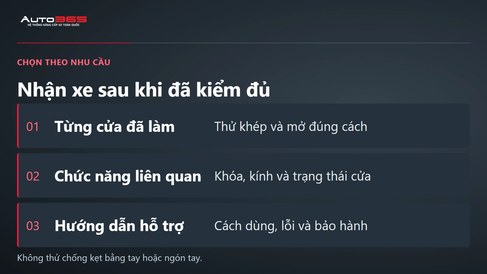 Ba nhóm nghiệm thu cửa hít VF6: từng cửa, chức năng liên quan và hướng dẫn hỗ trợ.