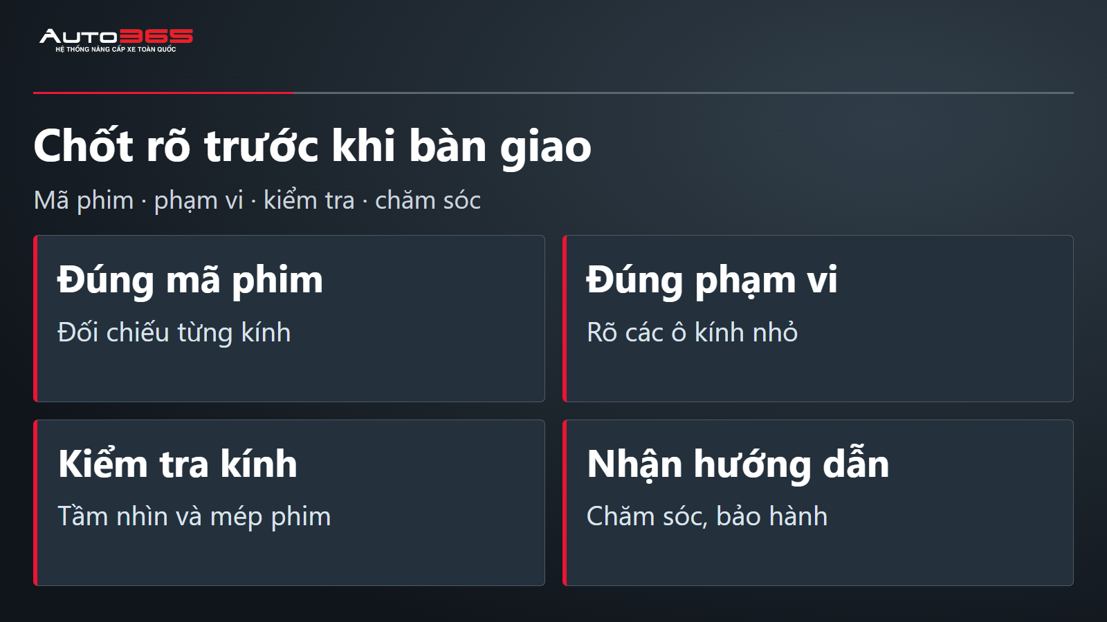 Checklist đối chiếu mã phim vùng kính tầm nhìn và hướng dẫn chăm sóc khi bàn giao Sealion 5