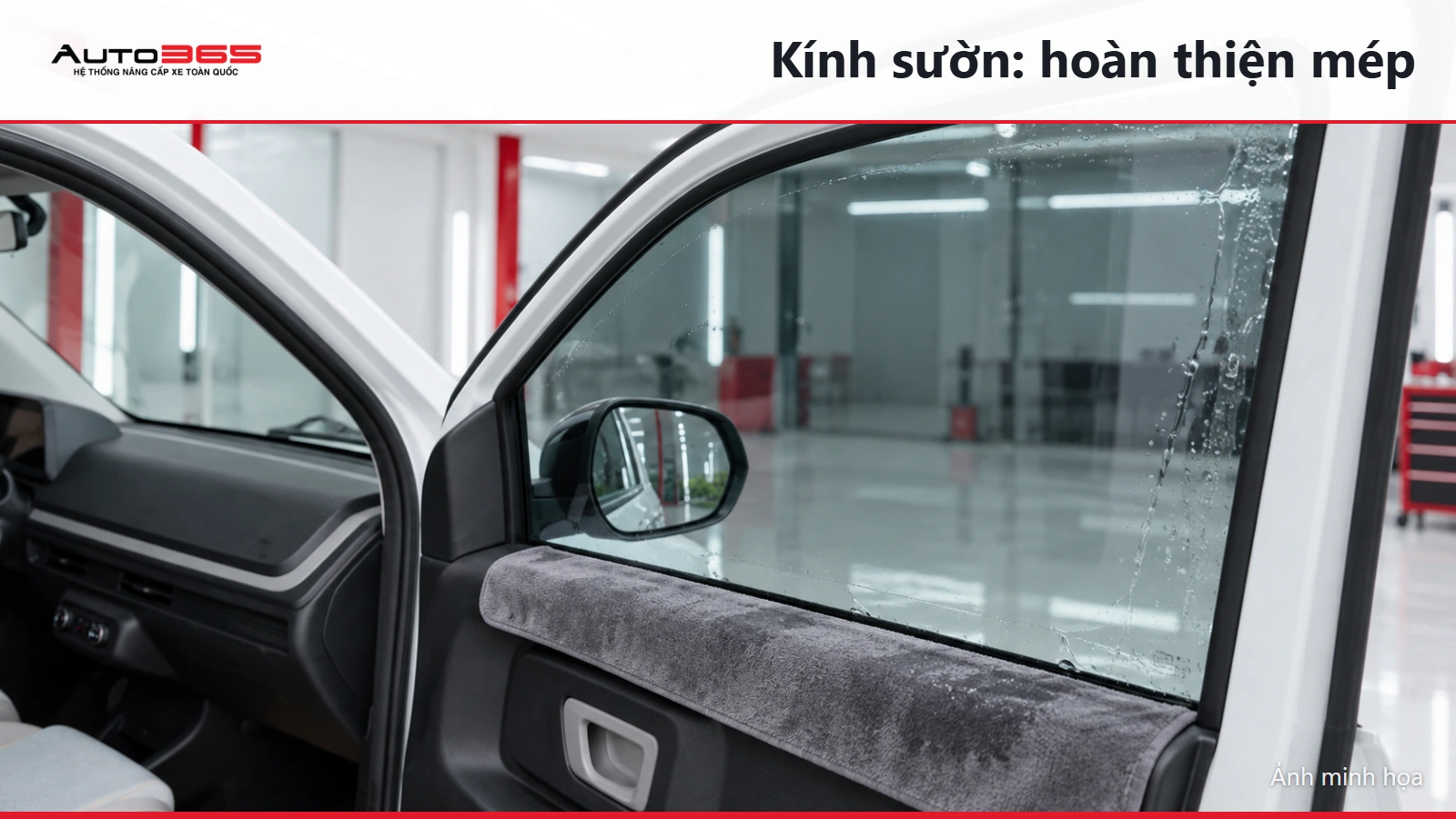 Ảnh minh họa film trên kính sườn cửa Minio Green trong phòng sạch; không phải ảnh thi công thực tế.
