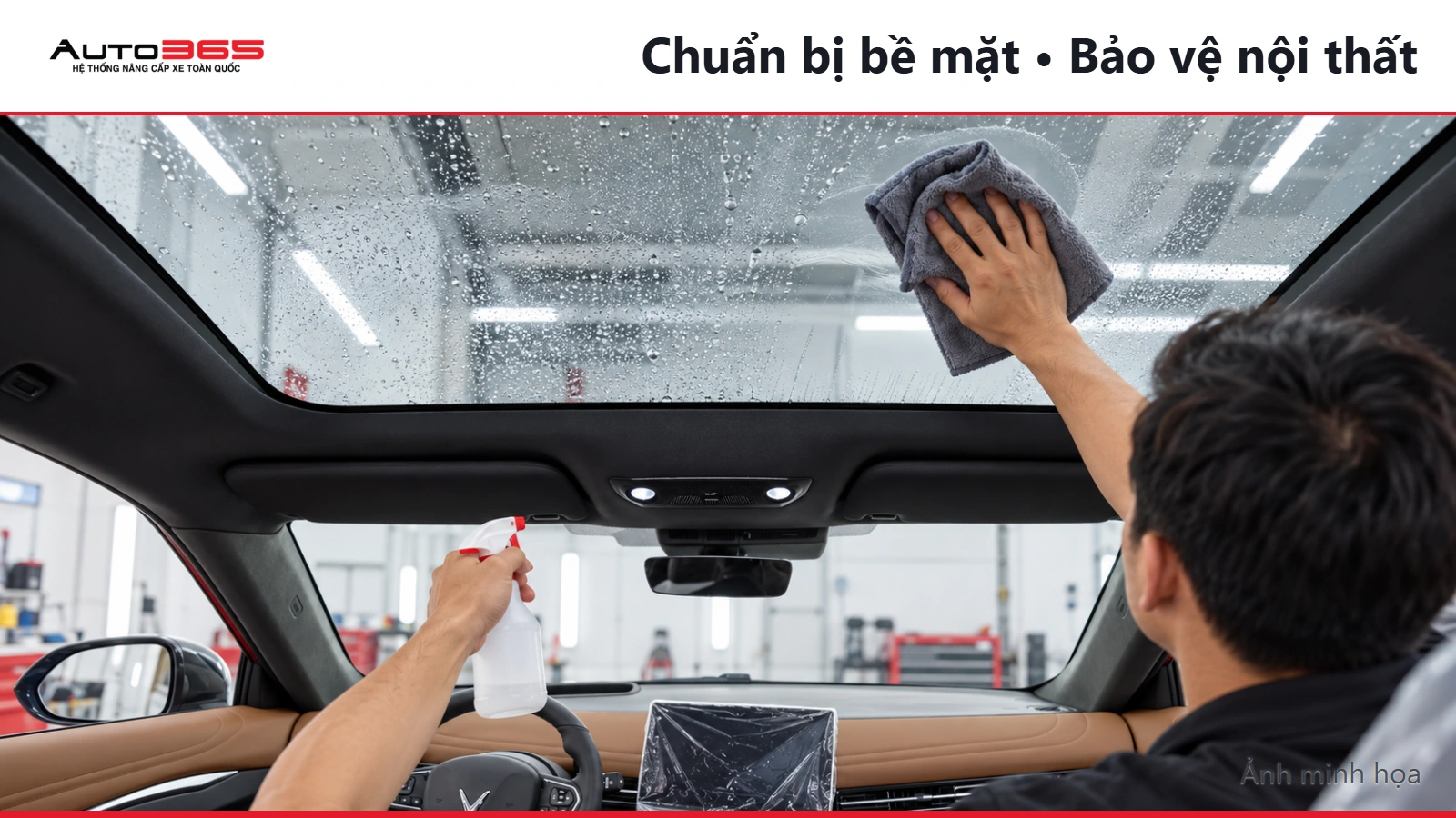 Ảnh minh họa mô phỏng vệ sinh mặt trong kính panorama VF7 trong khu thi công sạch