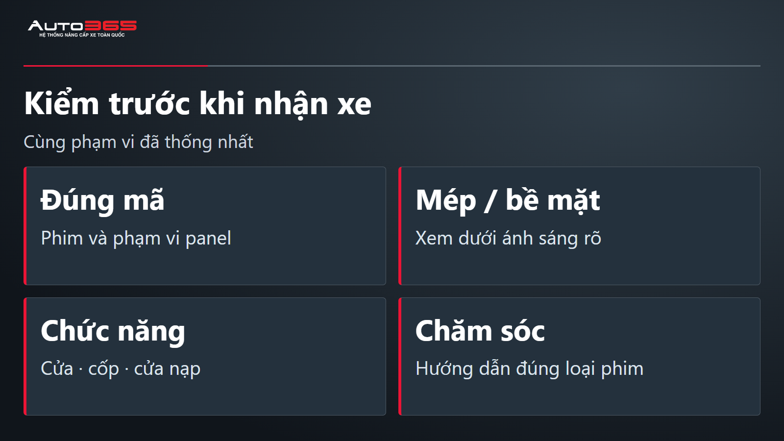 Checklist giao xe PPF gồm mã phim, bề mặt mép, chức năng và hướng dẫn chăm sóc