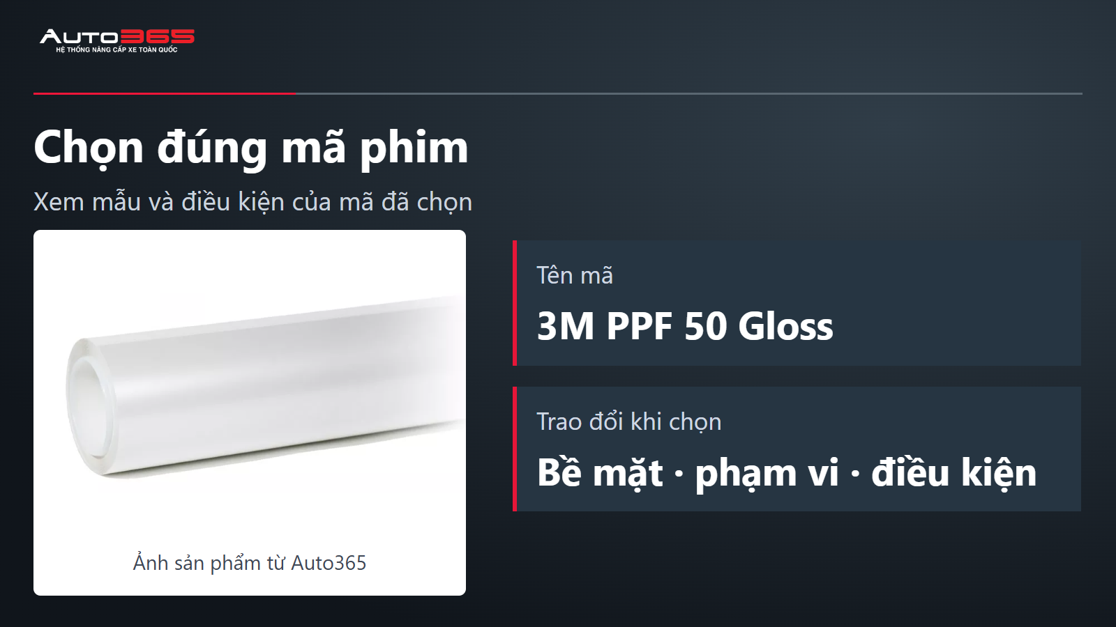 Cuộn PPF 3M 50 Gloss từ trang sản phẩm Auto365, chỉ dùng hình vùng cuộn phim