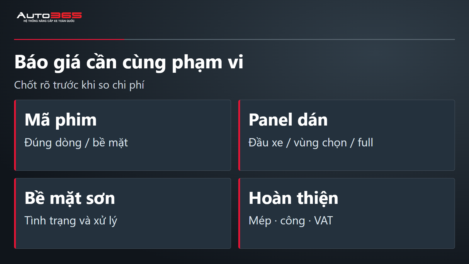 Bốn phần cần ghi rõ khi báo giá PPF: mã phim, panel, chuẩn bị sơn và hoàn thiện
