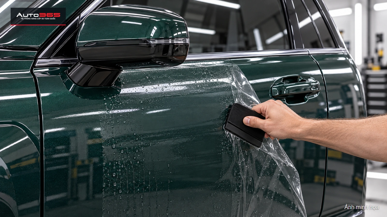 Mô phỏng gạt PPF trên panel cửa Palisade Hybrid, giữ cấu trúc cửa và tay nắm.
