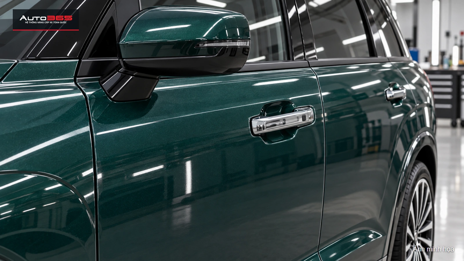 Mô phỏng vùng kiểm mép PPF quanh tay nắm và ranh giới panel cửa Palisade Hybrid.