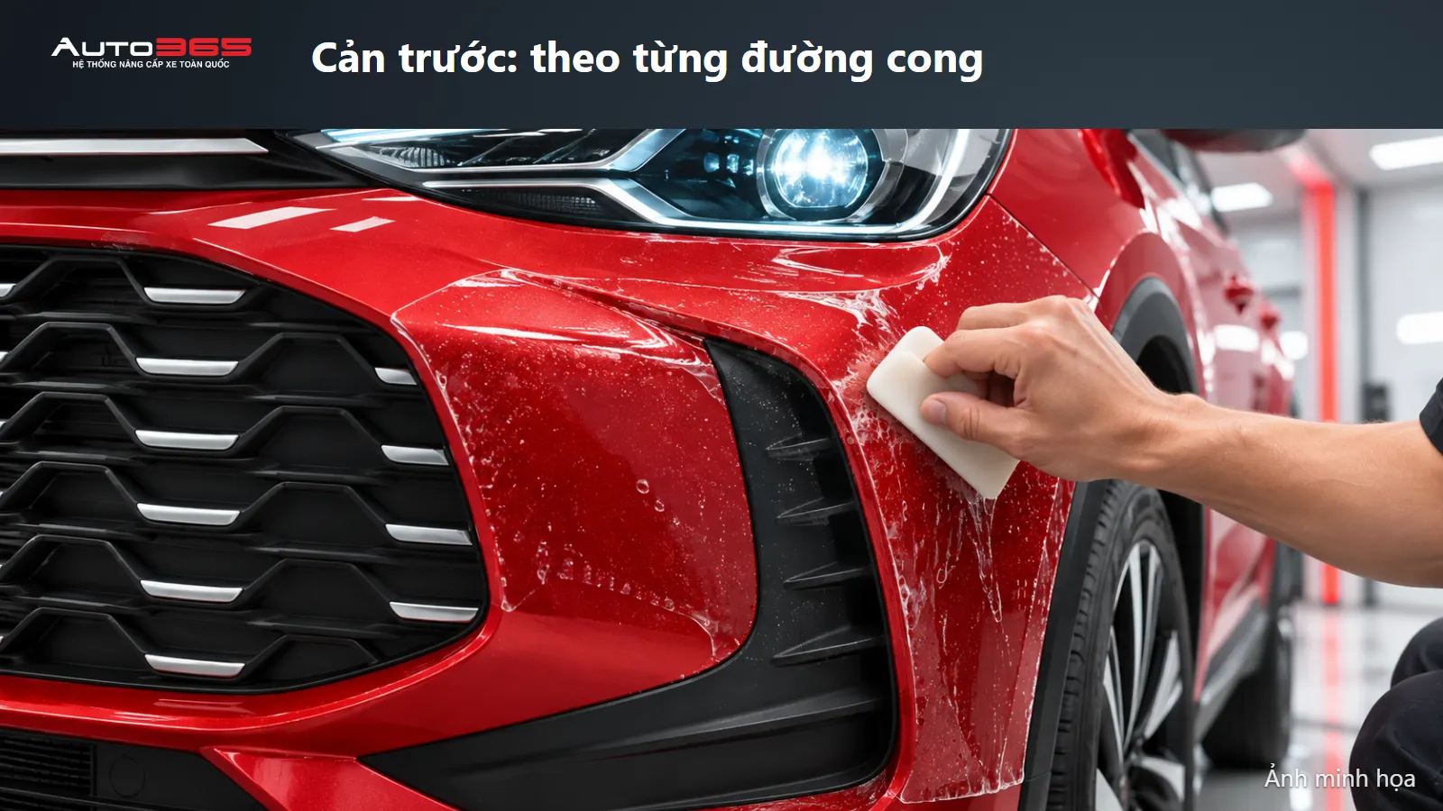 Ảnh minh họa mô phỏng gạt PPF trên phần sơn đỏ cản trước MG All New ZS tránh khe gió và chi tiết đen