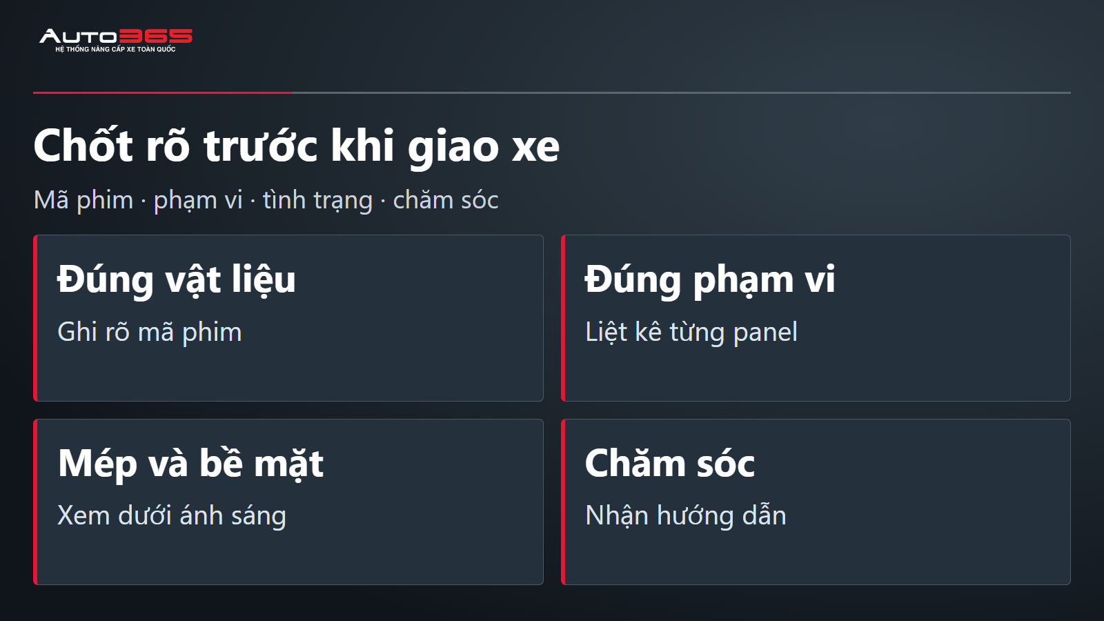 Checklist nhận xe dán PPF gồm mã phim phạm vi mép bề mặt và hướng dẫn chăm sóc