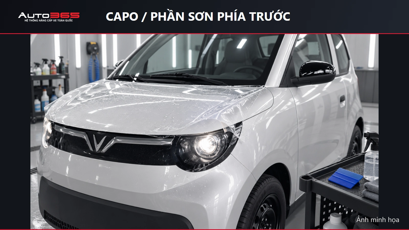 Ảnh minh họa mô phỏng dán PPF trong suốt trên capo Minio Green trong phòng thi công