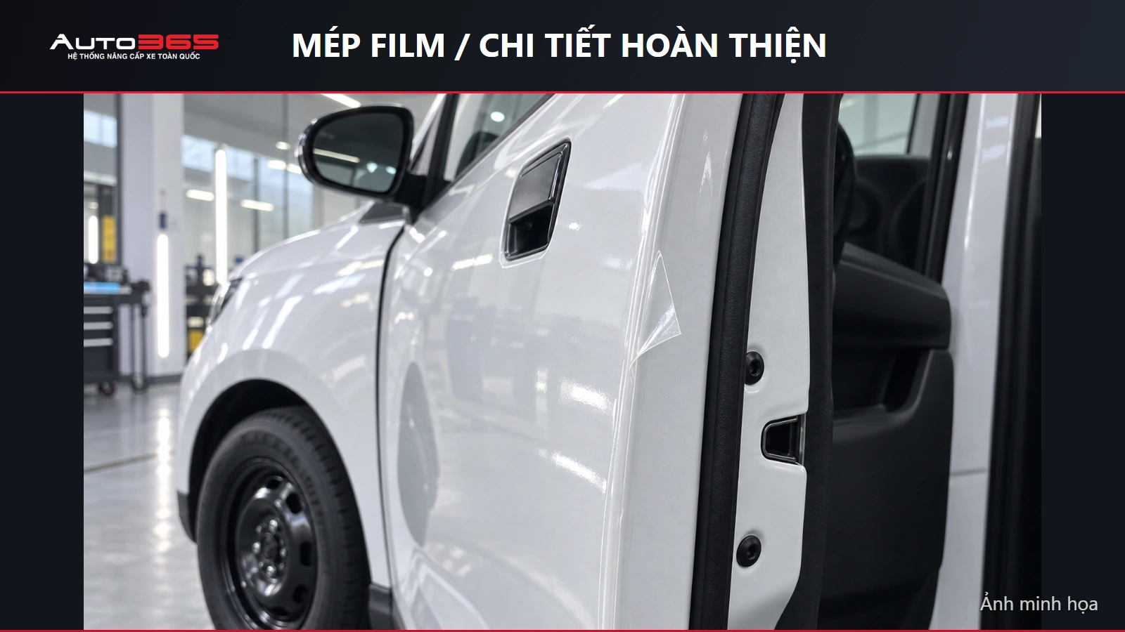 Ảnh minh họa mô phỏng mép PPF trên mép cửa sơn trắng Minio Green