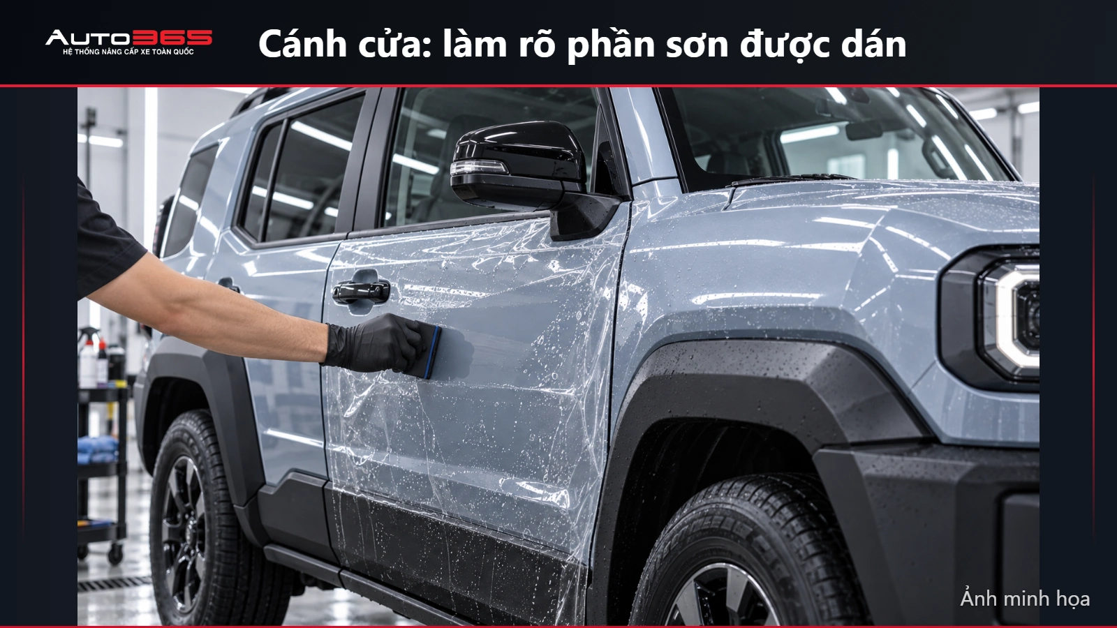 Source-based mockup gạt dung dịch khi dán PPF trên bề mặt sơn cửa Toyota Land Cruiser FJ