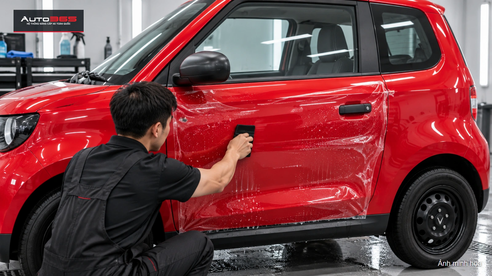 Mô phỏng căn PPF trên panel cửa VF2; cửa và tay nắm giữ đúng cấu trúc.