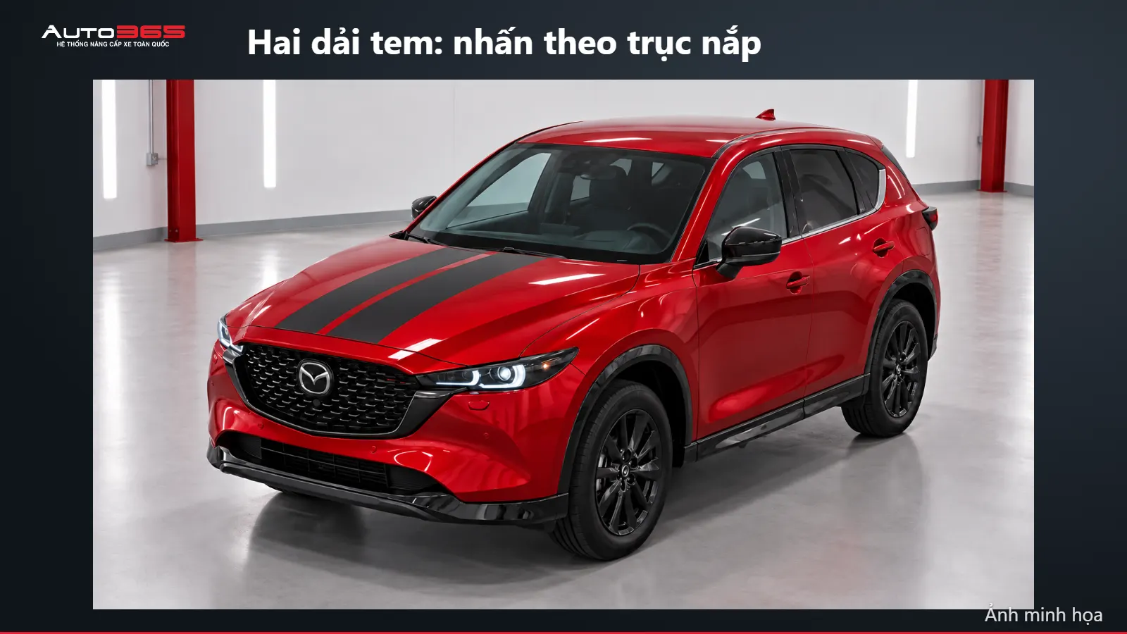 Minh họa mô phỏng trên xe: Hai dải tem: nhấn theo trục nắp