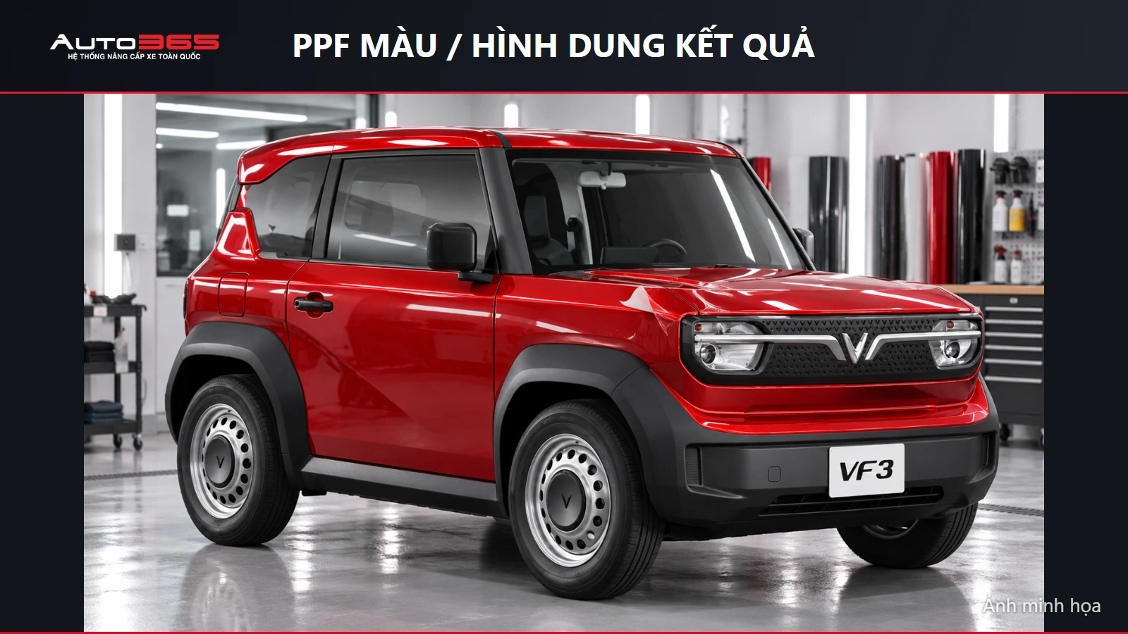 Source-based mockup mô phỏng PPF màu đỏ trên VF3 và mép film khi hoàn thiện
