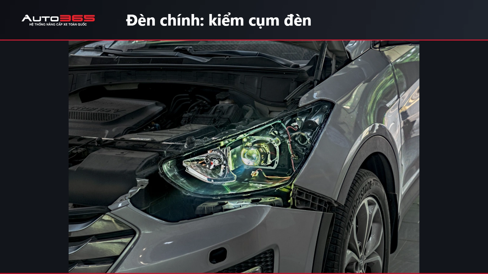 Ảnh thật cụm đèn chính SantaFe đang thi công bi LED X-Light V20 Square tại Auto365