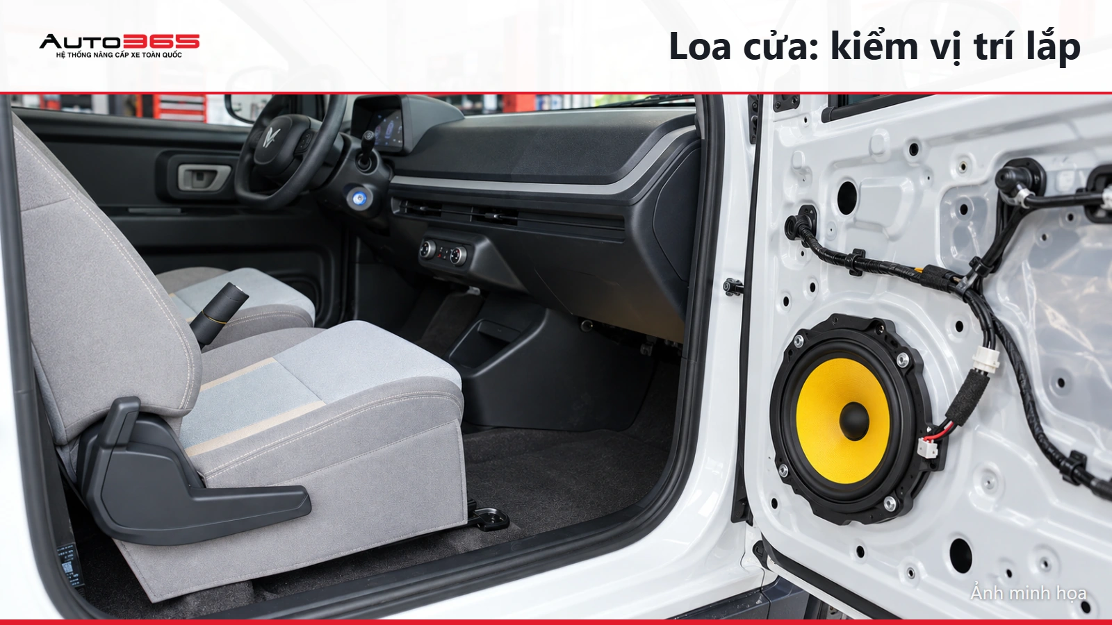 Source-based mockup minh họa loa cửa trên Minio Green; không phải ảnh thi công thực tế.